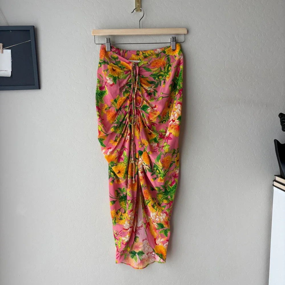 La Fuori Skirt Pink‎ Floral Print Silk Maxi Skirt w Drawstring Ruched